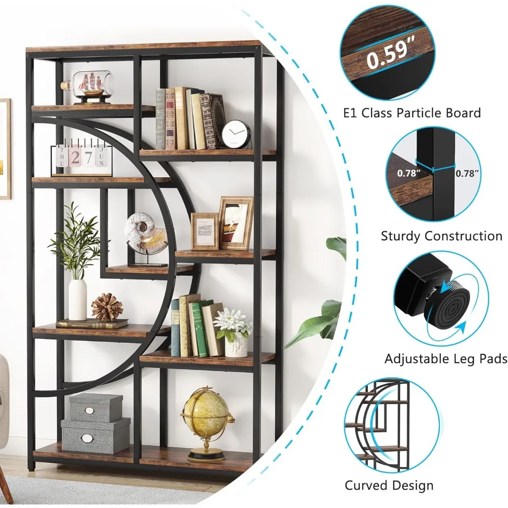 Bookshelf Industrial 5 Tier Etagere Bookcase, Freestanding Tall Bookshelves Display Shelf Storage Organizer 5