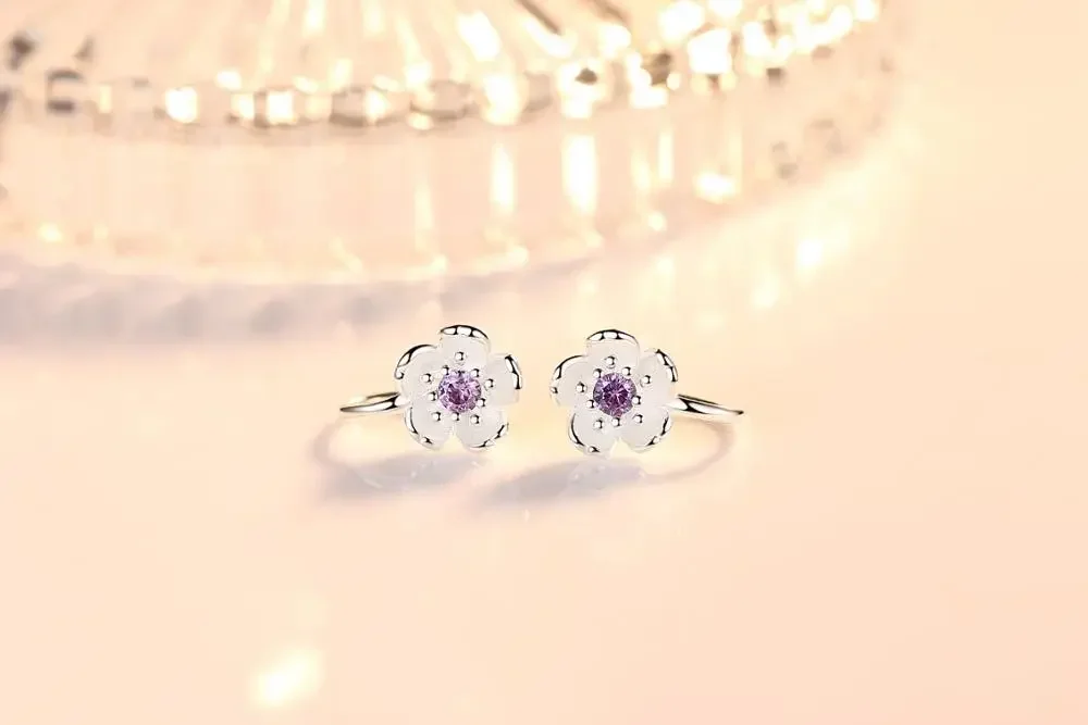 Crystal Cherry Blossom Clip-On Earrings - 925 Silver No-Piercing Floral Jewelry for Girls