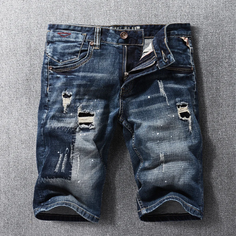 Summer Fashion Designer Men Jeans Retro Black Blue Elastic Embroidery Ripped Short Jeans Homme Vintage Casual Denim Shorts Men