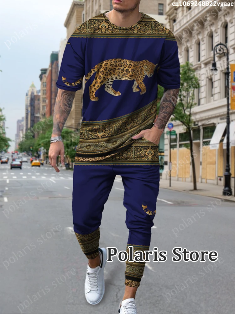 Maglietta con stampa leopardata pantaloni Set moda uomo Vintage Streetwear abbigliamento  sportivo manica corta pantaloni lunghi 2 pezzi tuta da uomo| | - AliExpress