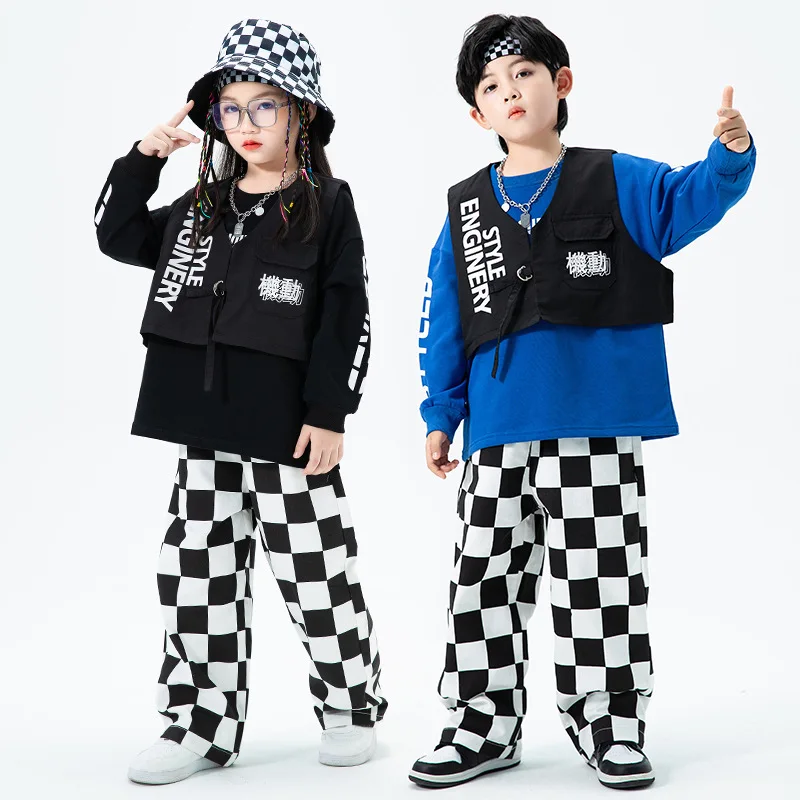 

Kid Hip Hop Clothing Sweatshirt Top Black Vest Casual Checkered Streetwear Baggy Pants for Girl Boy Jazz Dance Costume Clothes