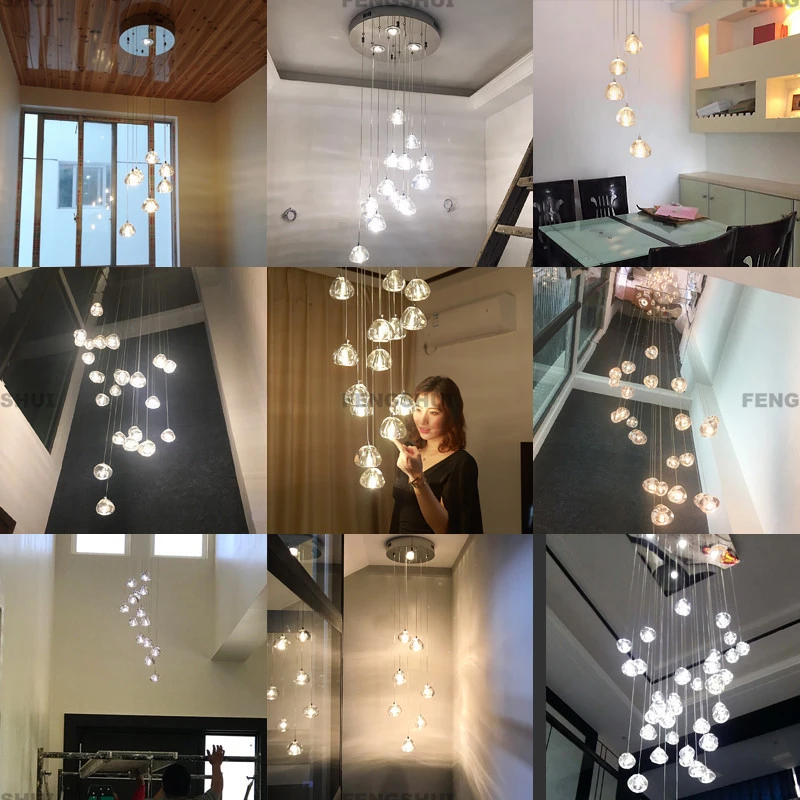 북유럽 LED 샹들리에 조명, 높은 회전 계단 장식, 걸이식 램프, 크리스탈 볼 장식, 거실 펜던트 조명