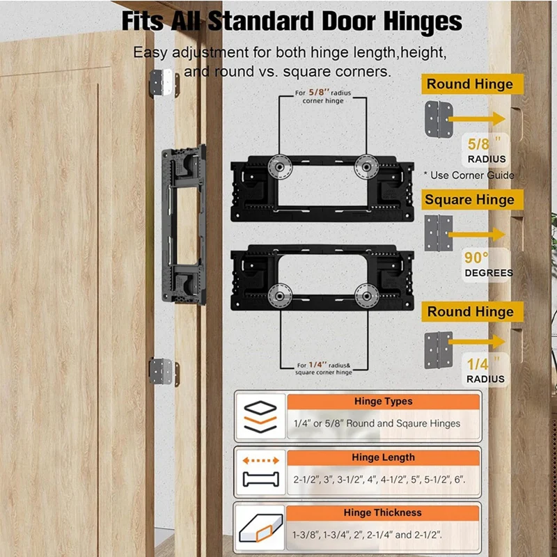 B61A-Door Hinge Jig, Door Hinge Template With 8 Sizes From 2-1/2In To 6In And 5 Door Thickness From 1-3/8In To 2-1/2In