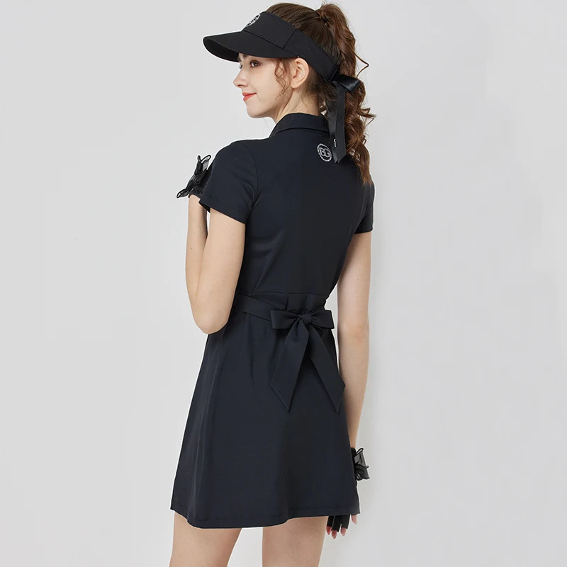 BLKTEE Golf Women Dress Short Sleeve Breathable Slim Waist Polo Shirt Dresses Zipper Half Length Skirt Ladies Golf Clothing