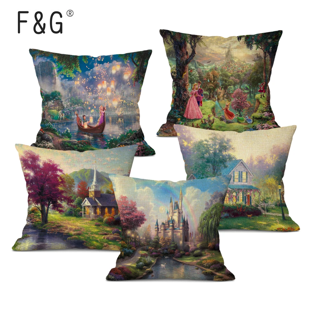 

American Countryside Fields Gardens Scenery Art Oil Painting Decorative Pillowcase Beautiful Fairy Tale Linen Cushion Cover