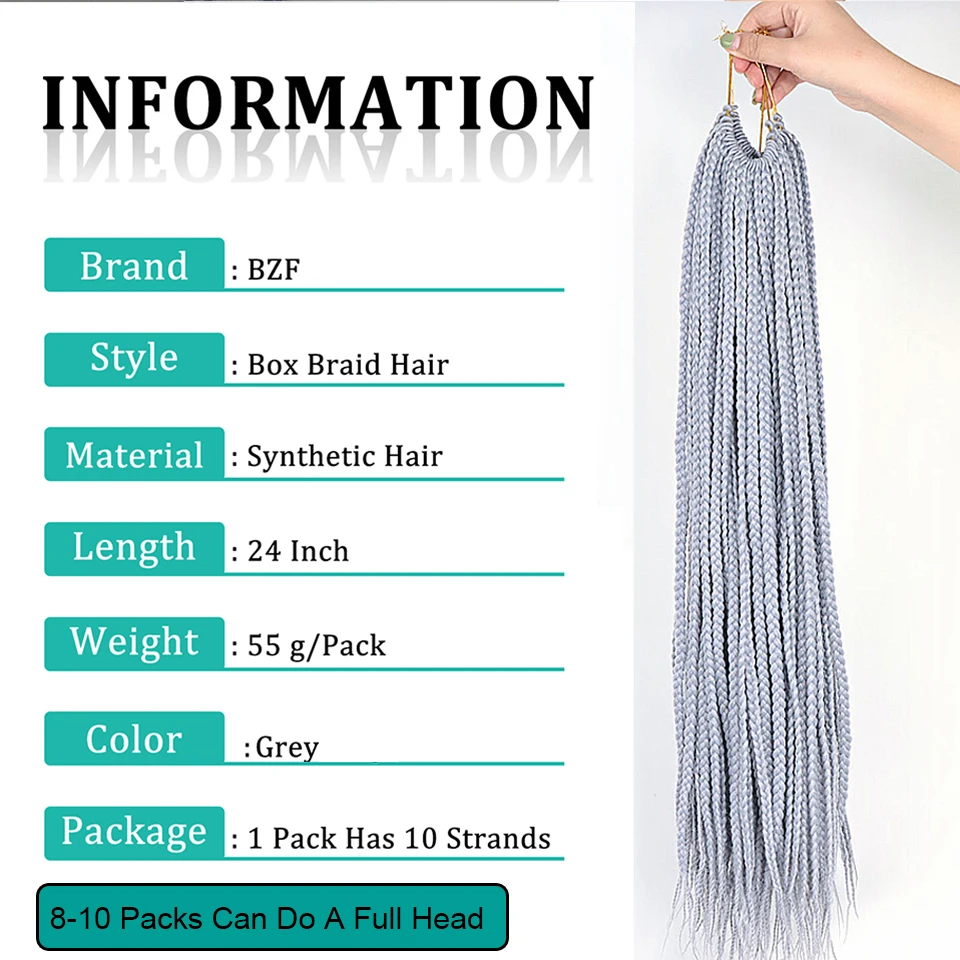 Grey 3X Box Braids Synthetic Hair 24" Crochet Braiding Hair Extensions Goddess Blue Braid Pre looped Ombre Colored For Women 3