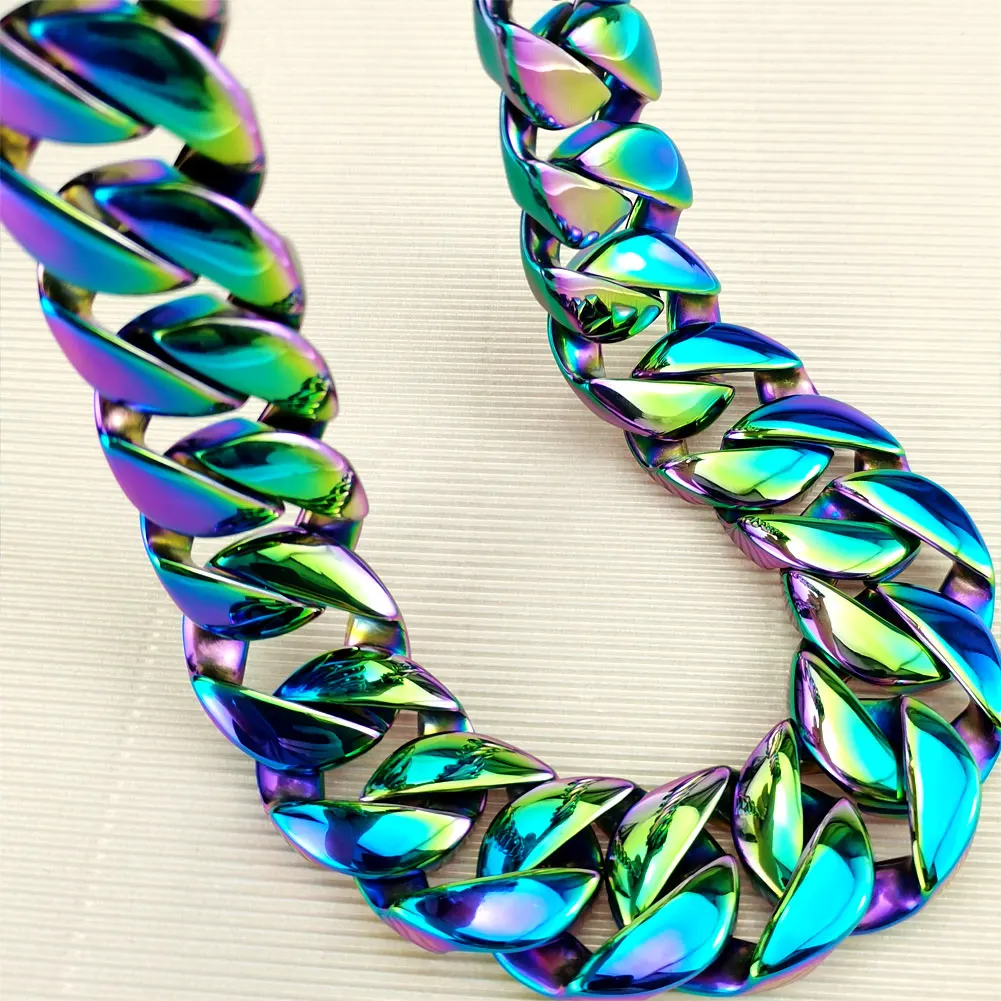 Iridescent 316L Stainless Steel All Polished 32mm Width Very Heavy 40-55cm Necklace Chain