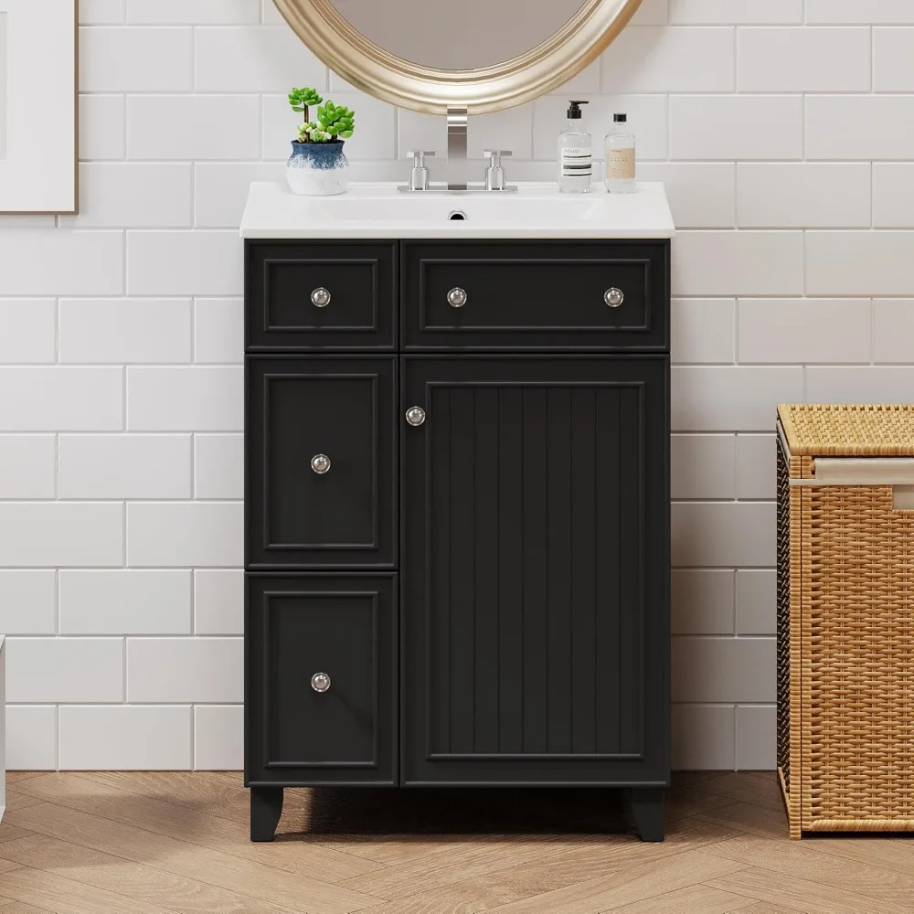 24 Inch Bathroom Sink, Standalone Single Basin Sink Set with Two Drawers and One Door, Modern Solid Wood Bathroom Cabinet 3