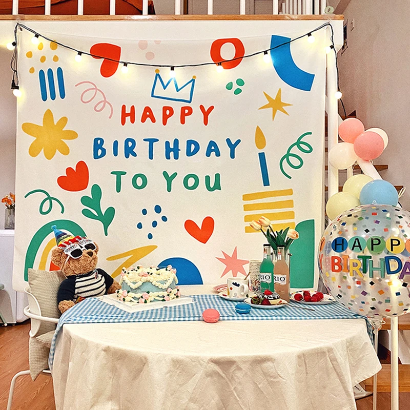 Ins Hanging Cloth Party Background Happy Birthday Tapestry Decor Cloth Children Room Wall Cute Tapestry Home Decor Photo Props tapestry decor
