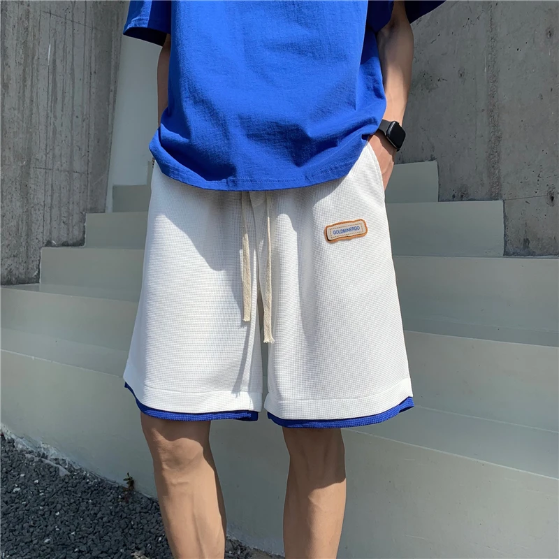 Men Waffle Patchwork Handsome Sport Shorts Loose Fitness Knee Length Shorts Designer Drawstring Hip Hop Straight Ulzzang Shorts