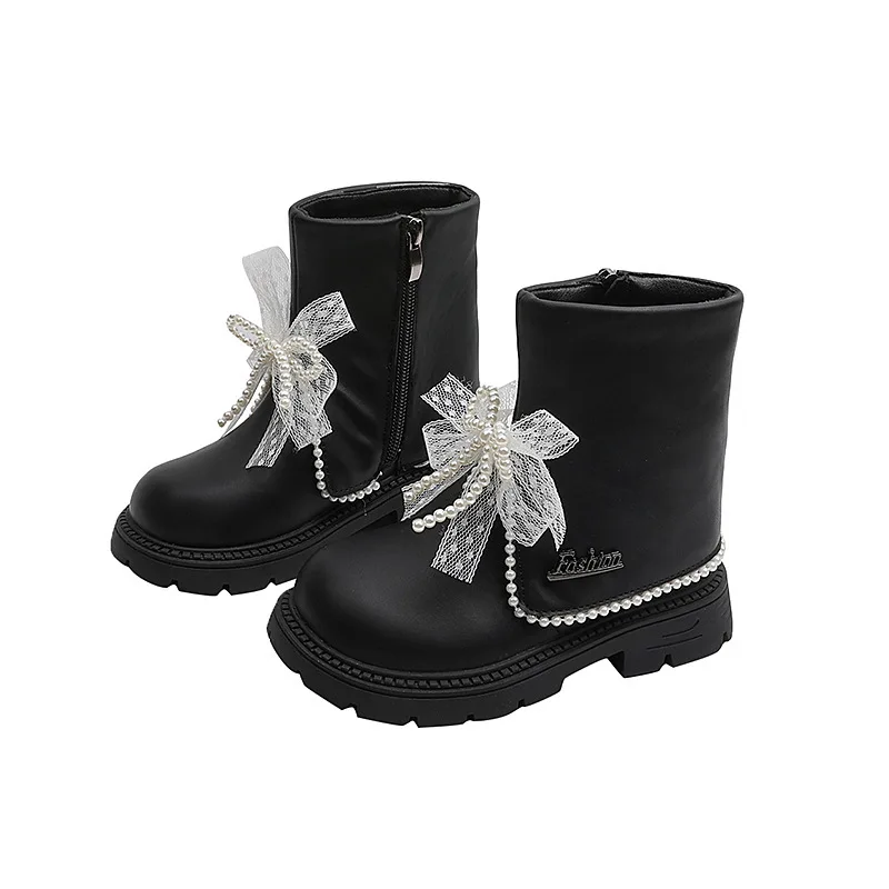 Girls Sweet Princess Ankle Boots Autumn New Children Fashion Leather Boot Elegant Lace Bowknot Kids Causal Platform Boots Zipper