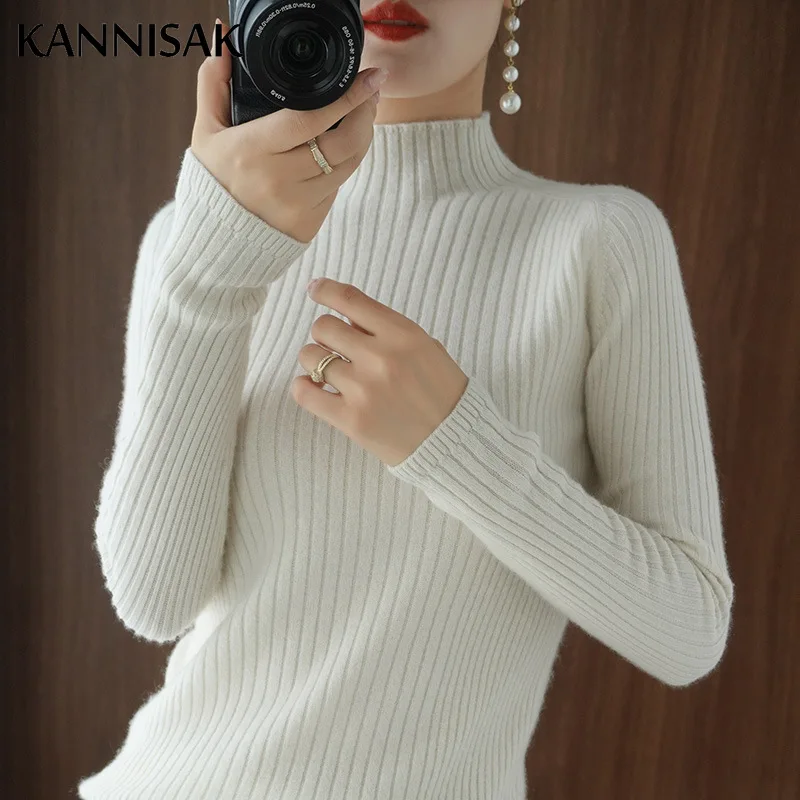 Womens Sweater Solid Mock Neck Inner Bottoming Shirt Korean Slim Fit Stretch Pullovers Autumn Winter Casual Knitted Warm Jumpers 4