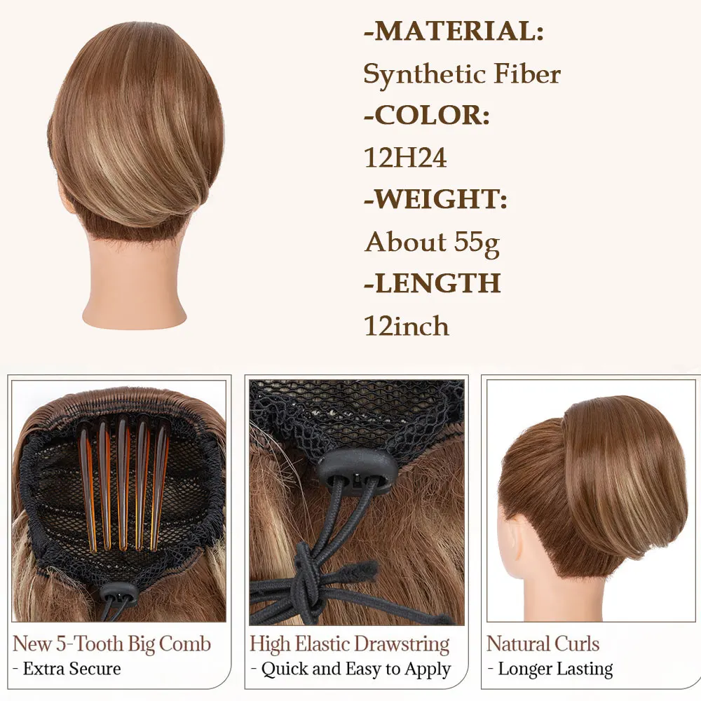 Hair Bun Hairpiece Fully Short Ponytail Chignon Comb Clip Updo Drawstring Bun Synthetic Highlight Hair Extension