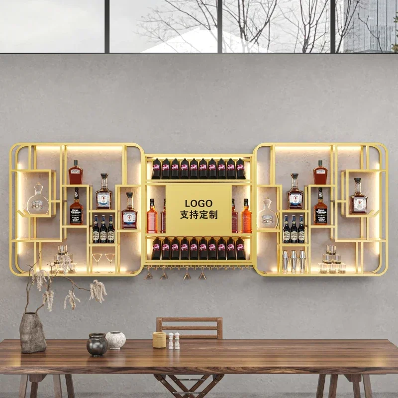 Chinese Style Ironwork Bar Cabinet Wall Mounted Shelving Fashion Creative Wine Rack Display Restaurant Kast Gold Furniture
