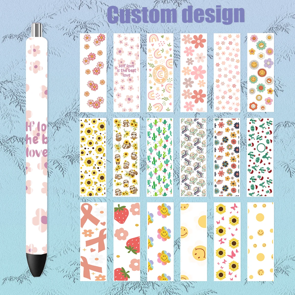 5pcs UV DTF DIY Pen Stickers Wrap Transfer Sticker 1.4*4.7inches Waterproof Stickers Pen Wrap