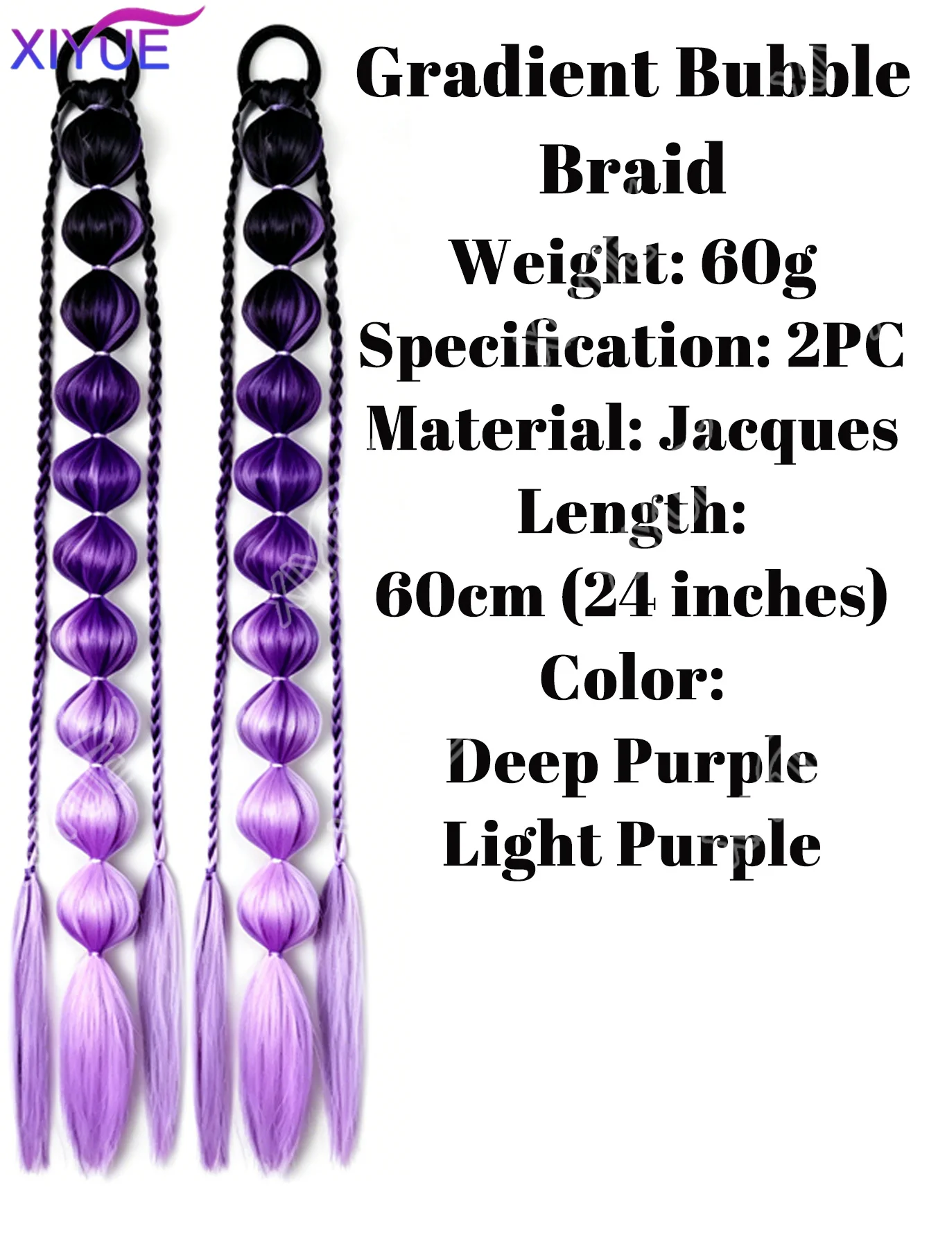 2개입 보라색 합성 버블 포니테일 붙임머리 24인치 가벼운 땋은 머리 페스티벌 레이브 액세서리 소녀들을 위한