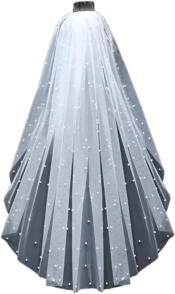 Wedding Bridal Veil with Comb 1 Tier Cut Edge Fingertip&Cathedral Length Pearl