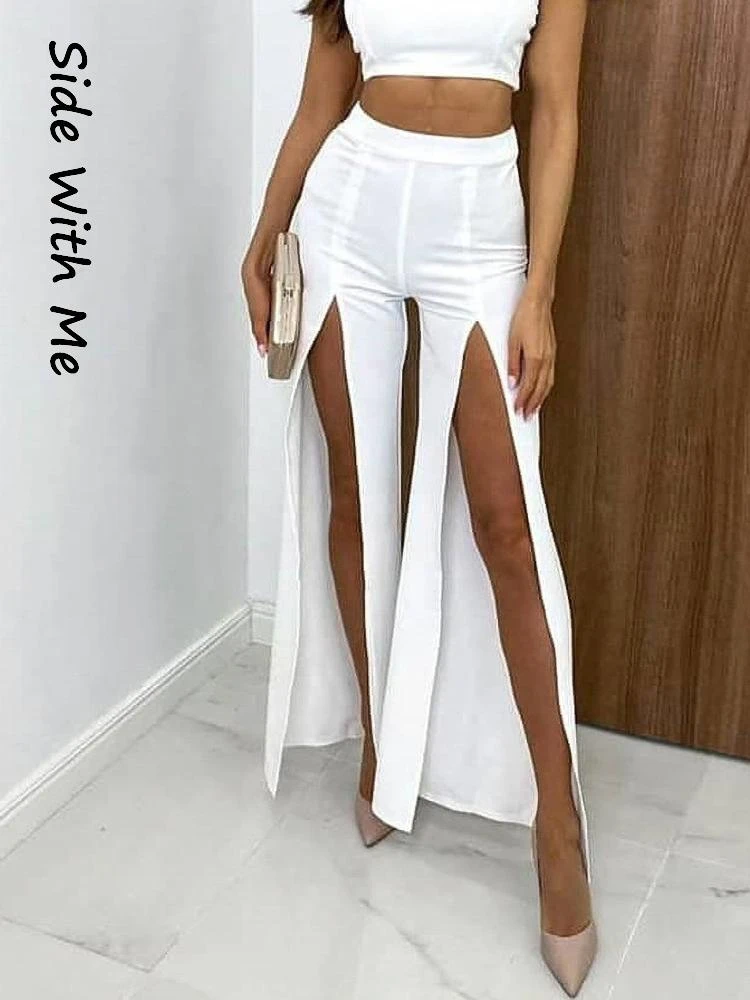 white capris Side with Me Loose Split Sexy Women's Pants 2022 Summer Vintage Club Party Black White Woman Wide Trouser cargo pants for women