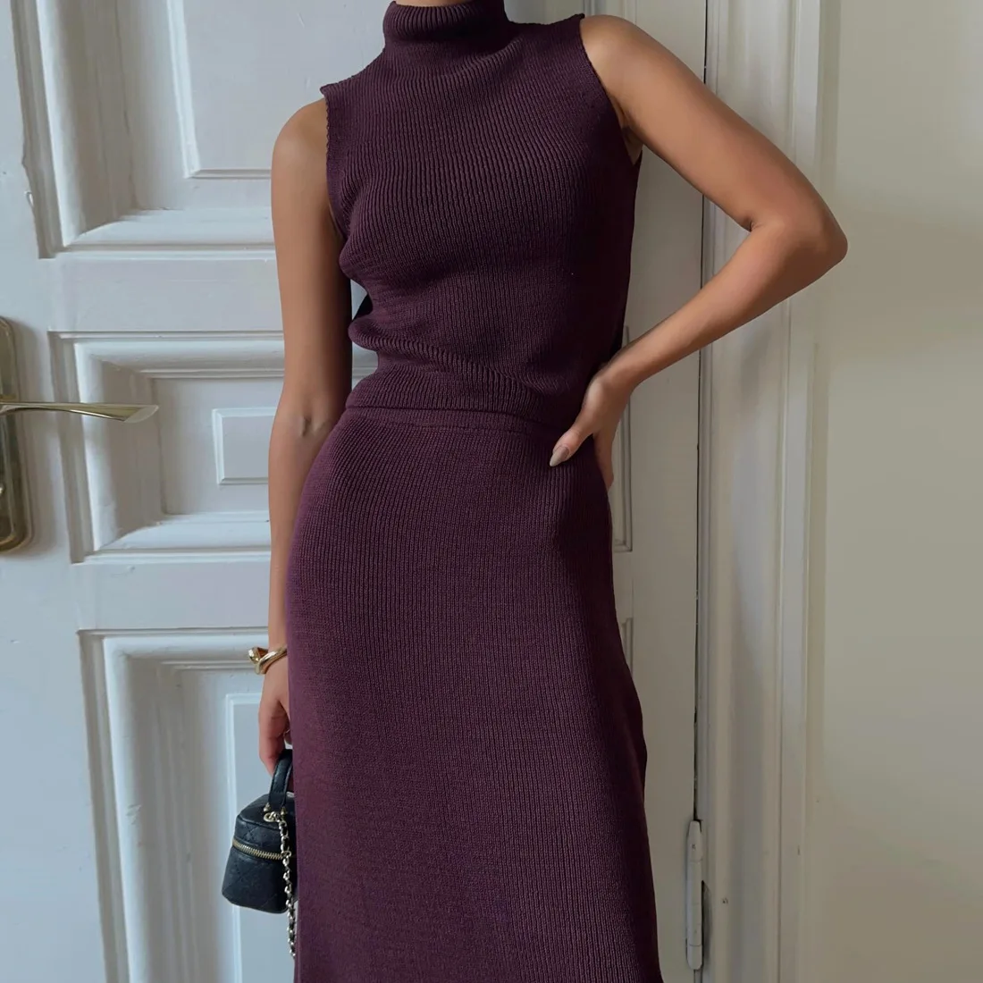 Elegant Sweater Two Pieces Set Sleeveless Knitted Turtleneck Vest High Waist Skirt Female Solid Slim Dress Sets 2025 New