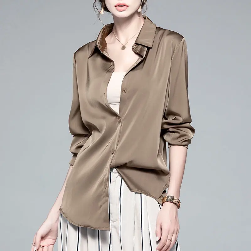 Fashion Solid Color Lapel Button Satin Shirt Women's Clothing Autumn New Casual Tops 2024 New Elegant Loose Office Lady Blouse