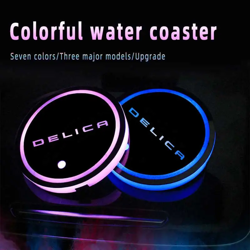 Per Mitsubishi Delica Logo Led Car Coaster Light Luminous Auto Water Cup Slot Mat Atmosphere Light Accessories