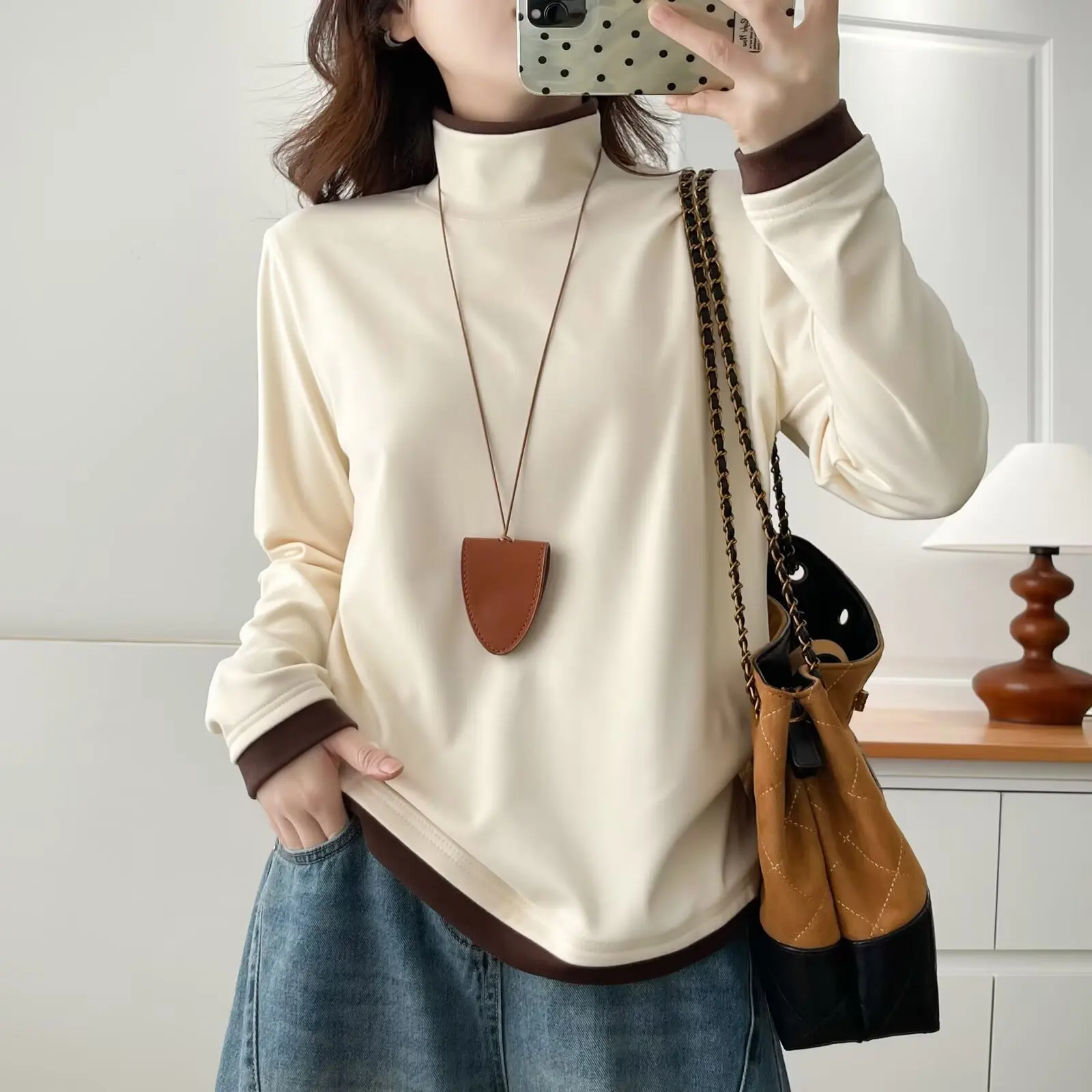 XXXXL Fashion Plus Size Woman Clothing T-Shirt Autumn Winter Simple Color Blocked High Neck DE Velvet Warm Long Sleeve Tops 2587