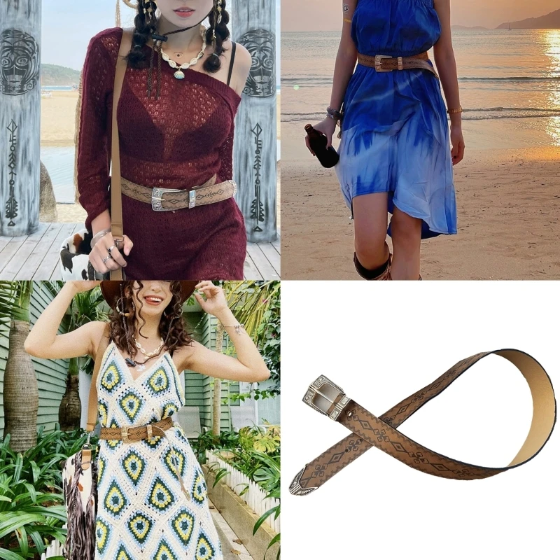 

Durable Bohemian Belt Carved Metal Needle Buckle Retro Embossed Bohemian PU Belt