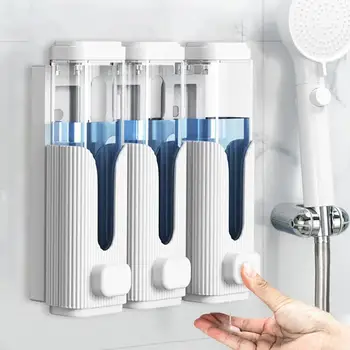 เครื่องจ่ายสบู่ความจุขนาดใหญ่ 3 ใน 1 เต้ารับของเหลวขนาดใหญ่หน้าต่างดูไม่มีการเจาะติดตั้งแชมพูเครื่องจ่ายครีมนวดผม 2