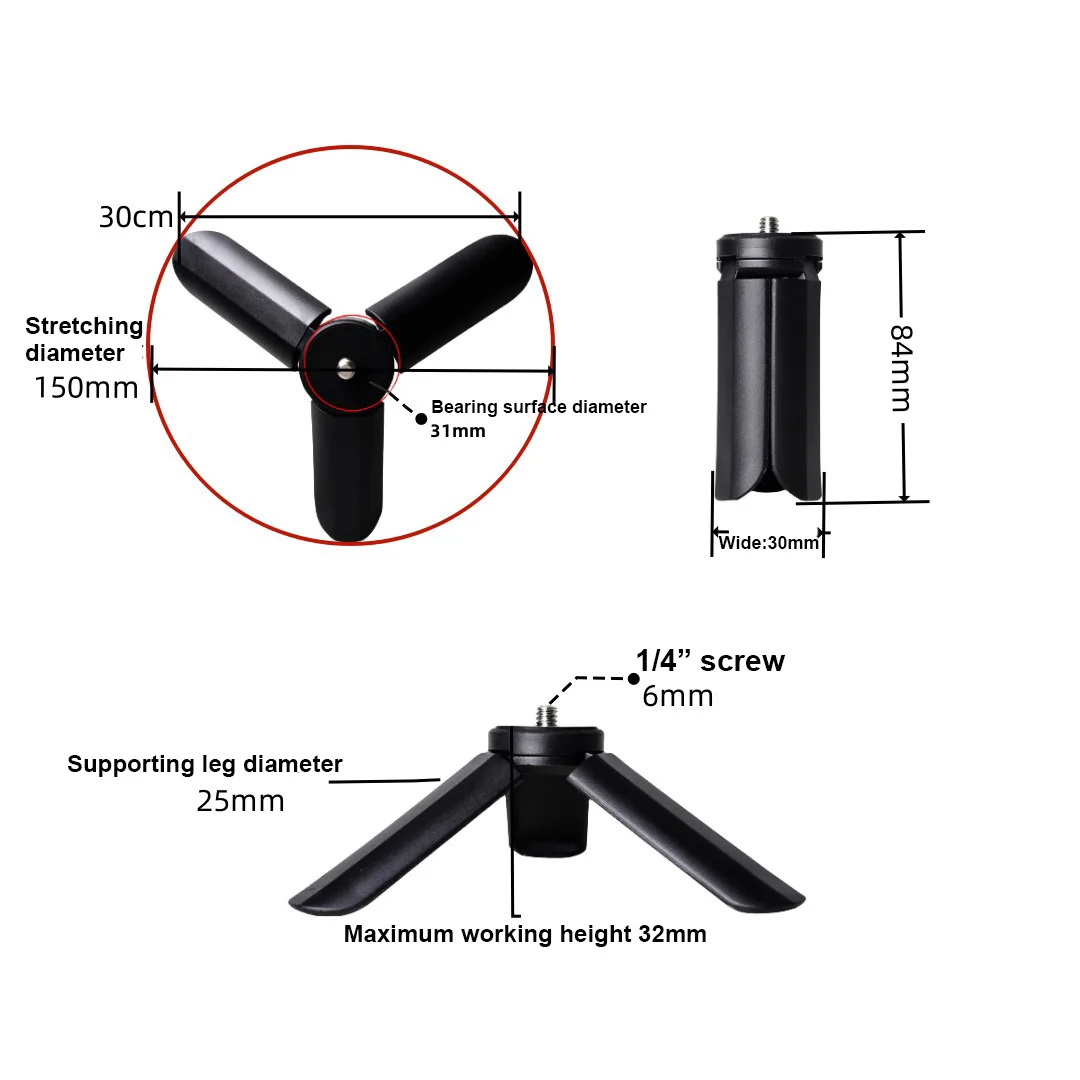 Trépied mini universel pour smartphone et GoPro déplié, montrant les trois pieds et la rotule