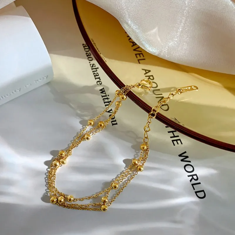 Multi-Layer Golden Small Ball Bracelet for Women Elegant Waterproff Stainless Steel Statement Chain Party Jewelry Gifts