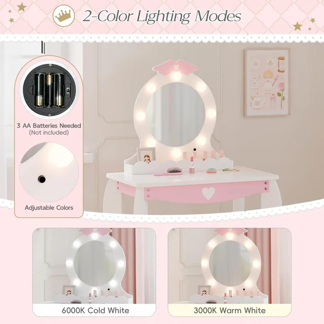 19747-5a88a8.jpg MU Kids White Vanity Set w/ Lighted Mirror & Stool,Makeup Desk, Storage,Wing Pattern – Toddler Princess Dressing Table for Girls