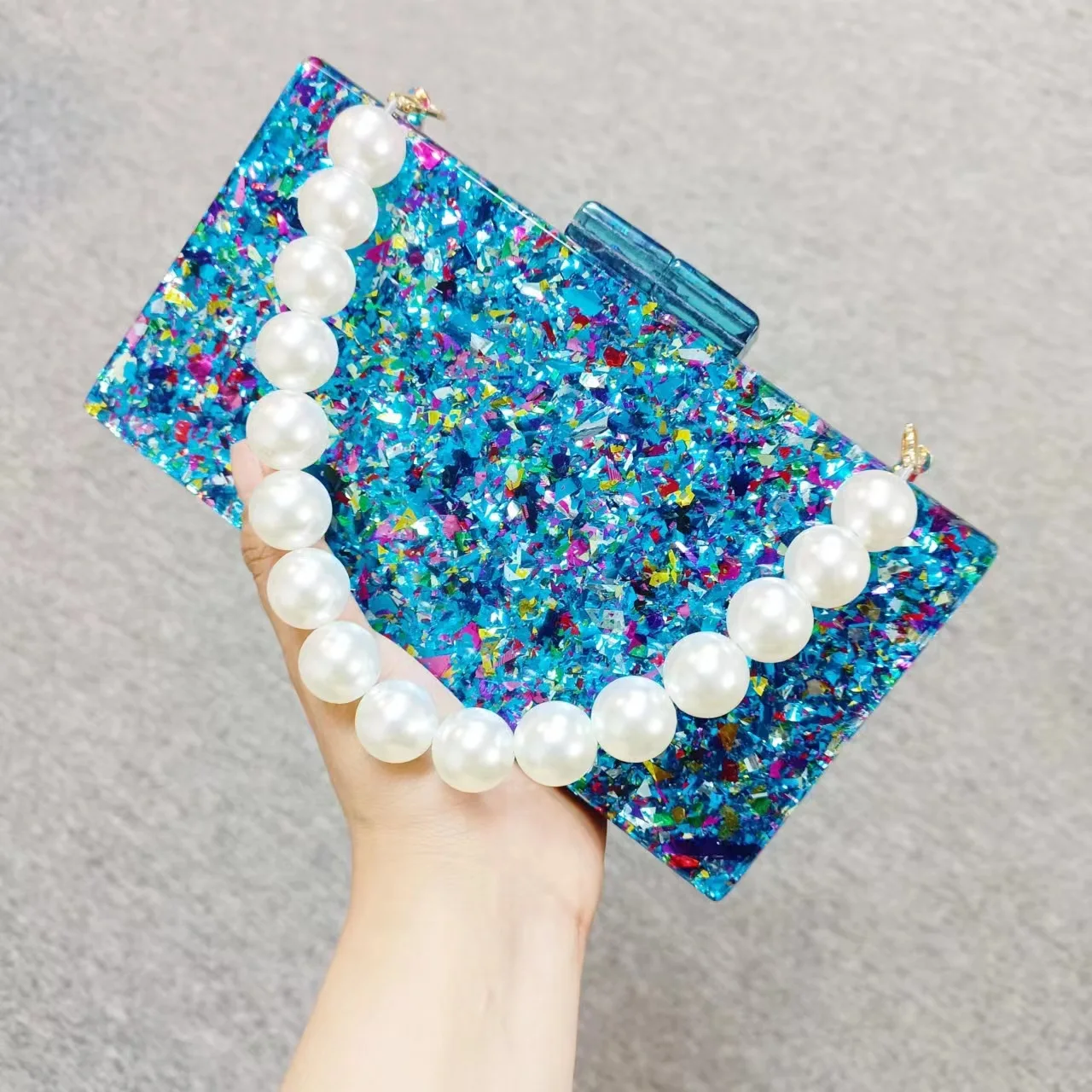 Glitter Retro Pearl Handle Acrylic Bags Women Luxury Colorful Sequins Chain Shoulder Bag For Wedding Party Handbags Chic Purse