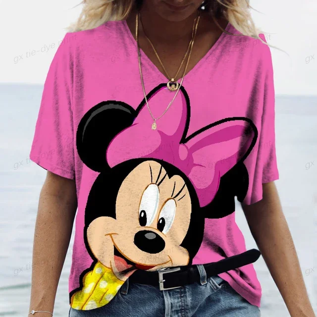 thumbnail image 1 of Camisetas de manga corta con cuello en V y estampado 3D de Mickey Mouse de Disney, camisetas de gran tamaño para mujer, camisetas de moda para mujer, camisetas de verano Y2k para mujer, 1 of 5