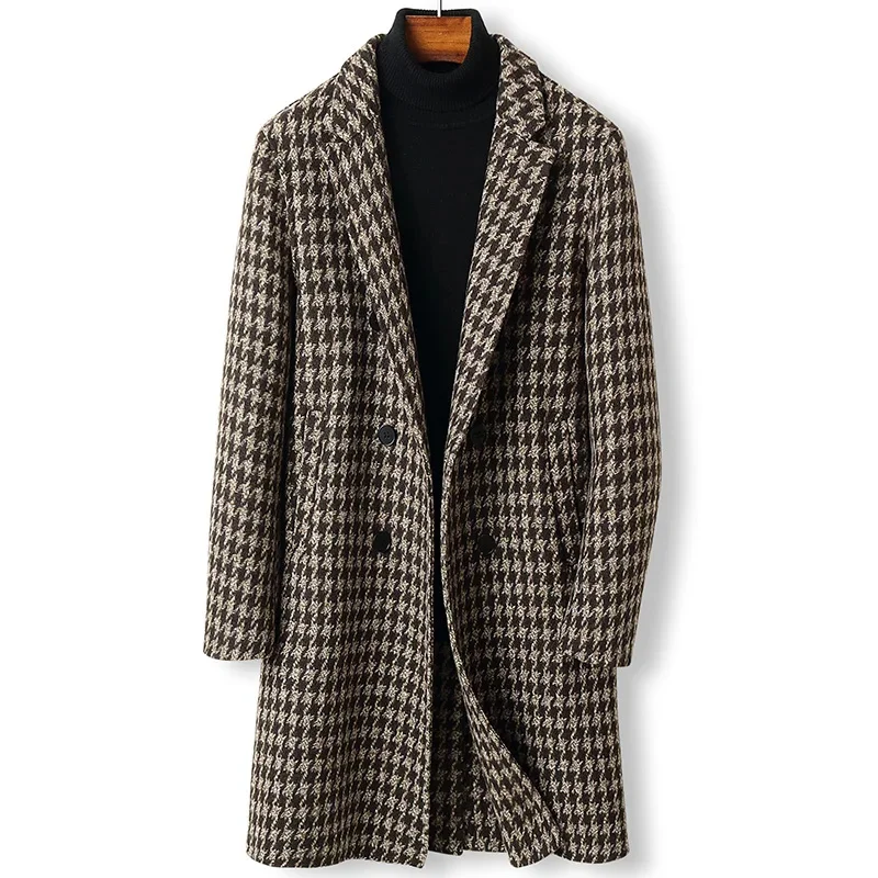 

Autumn Winter Thick 70% Wool Men's Coat Houndstooth Double Breasted Midi Long Fashion Coats and Jackets for Men Clothing