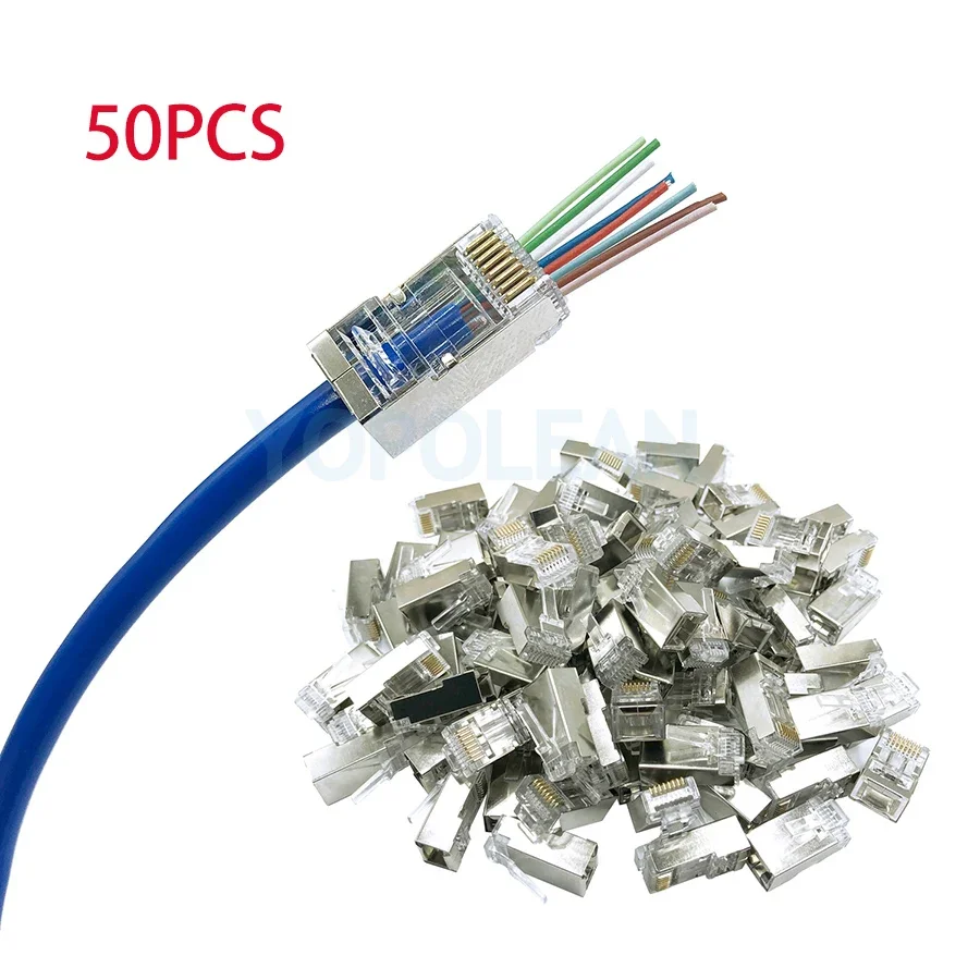 엔드 패스 네트워크 커넥터 어댑터, RJ45 차폐 플러그 Cat5 Cat 5E Cat6 Cat 6, 50PCs/로트