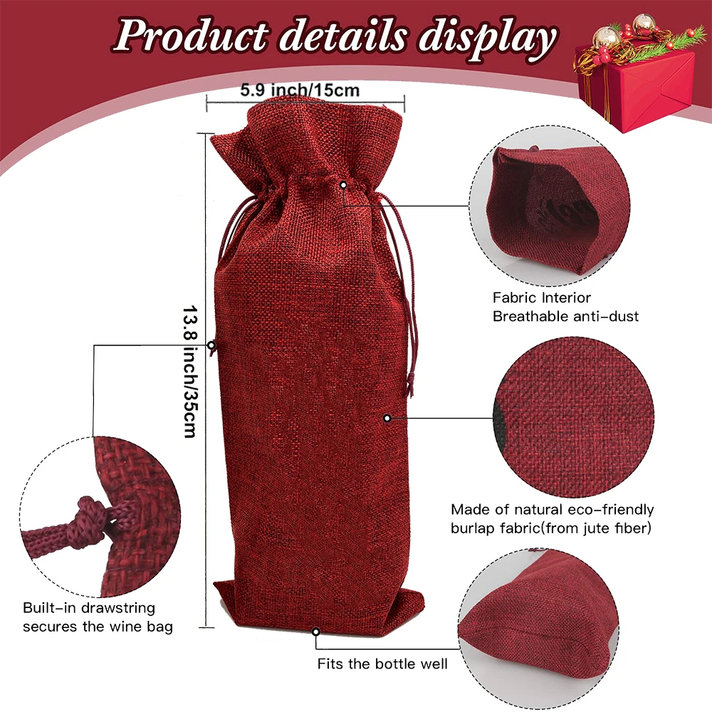 12 Sacchetti Regalo Per Bottiglie In Iuta Con Coulisse - 15x35 Cm, Con Etichette A Cuore E Spago, Riutilizzabili Per Vino, Champagne, Matrimoni E Natale