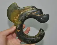 5"China Hongshan Culture old Jade carve sacrifice Feng Shui dragon hook statue 1
