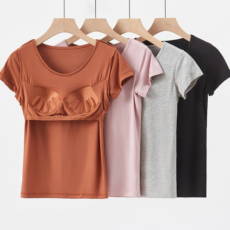 Women's T-Shirt With Built In Bra Short-sleeve Slim Cotton One