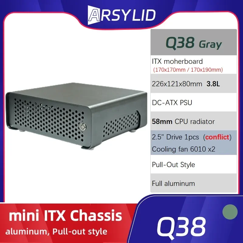ARSYLID Q38 ITX Aluminum Chassis Pull-Out Style Mini Case 58mm CPU Radiator