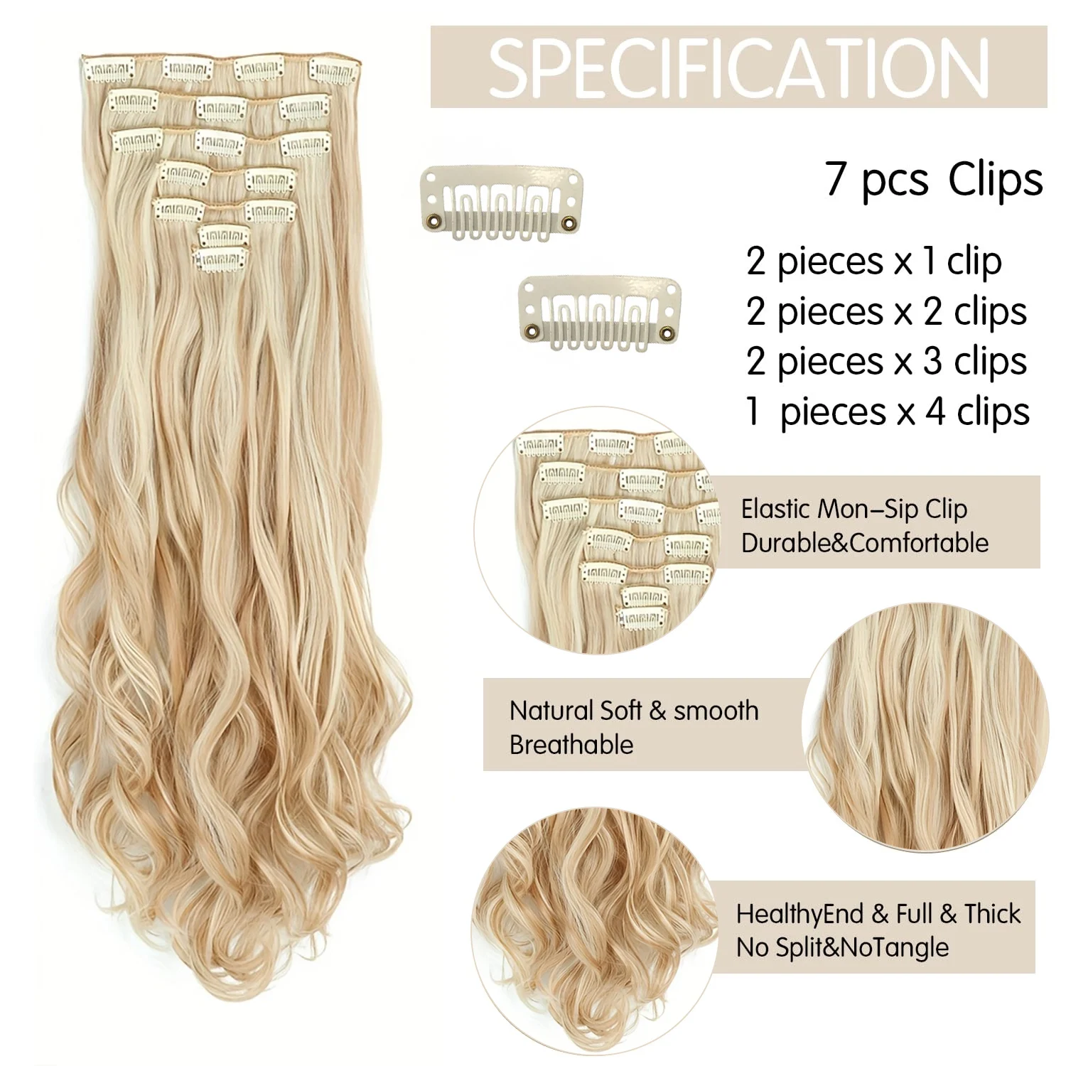 Clip In Hair Extensions 7PCS Full Head 22 Inch Long Curly Wavy Synthetic Hair Pieces Natural Wavy For Women Girls hair extensions