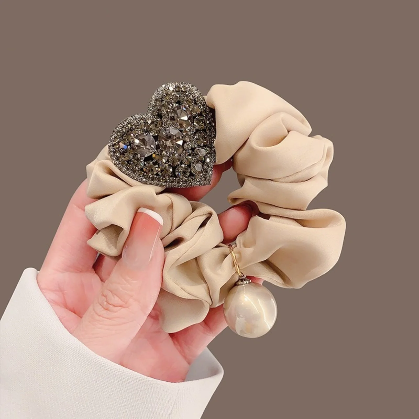 1PC Sparkly Heart Scrunchies, Black/Beige With Rhinestone & Pearl Decor, Elegant Retro-Style Hair Ties For Women