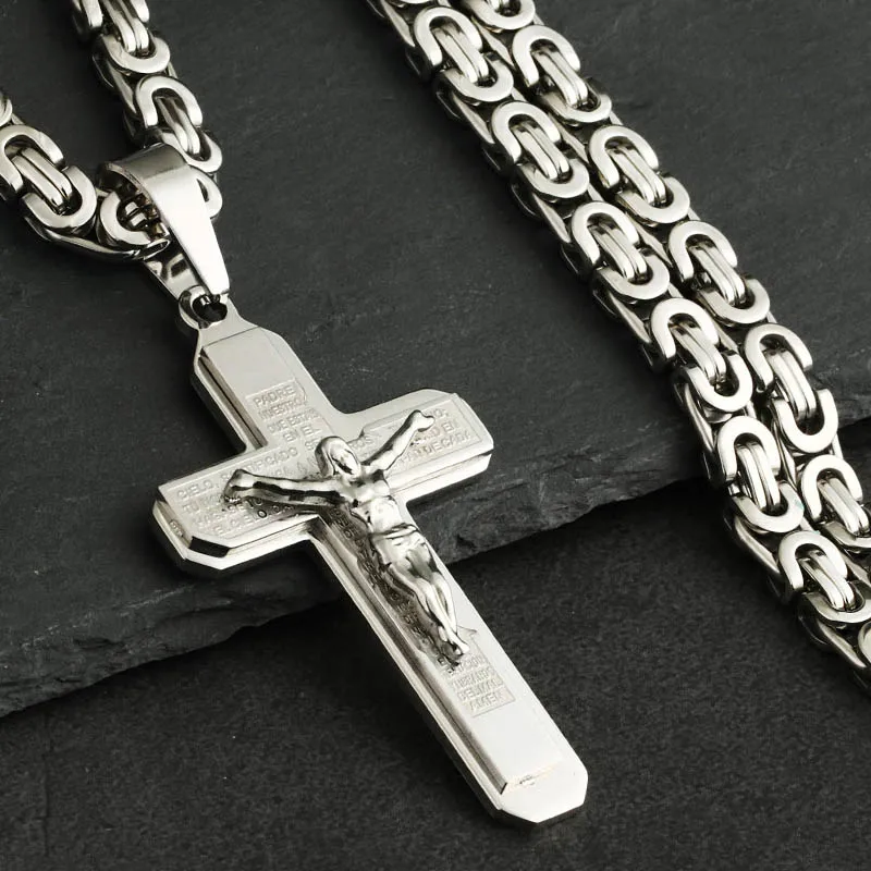 Gothic Bibel Kreuz Kruzifix Jesus Anhänger Halsketten Edelstahl Byzantinische Gliederkette Halsketten für Männer Jungen Gebetsschmuck – Detail 7