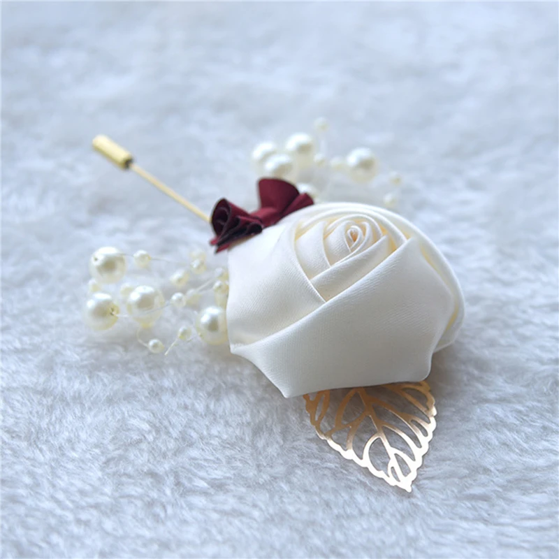 Boutonniere Lapel Pins Wedding Corsage Suit Buttonhole Silk Roses Gold Leaves Men Women Brooch Flowers Mariage Accessories