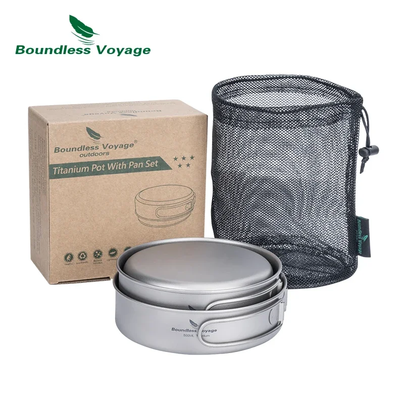 Boundless Voyage Titanium Pot Pan Cooking Set Folding Handles Outdoor Camping Picnic Tableware Bowl Plate Cookware Kit