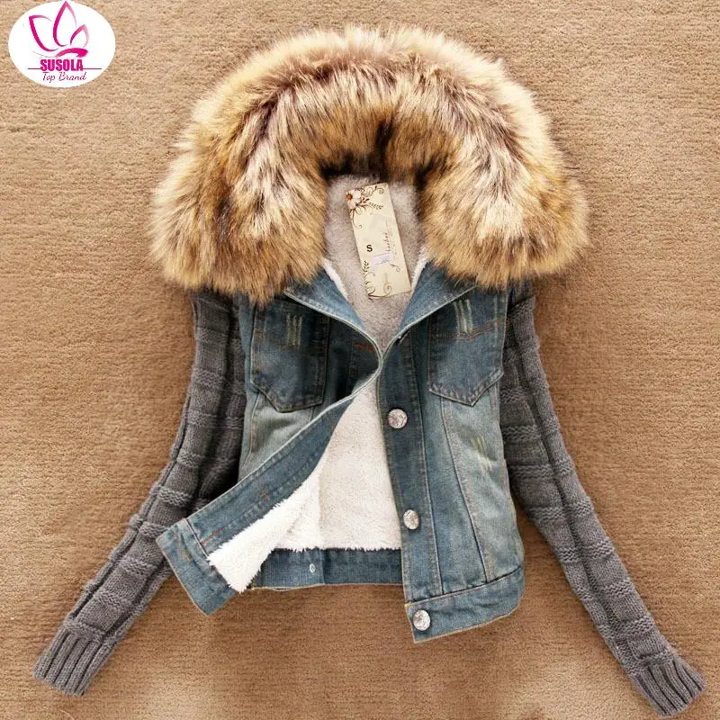 

Женская зимняя утепленная джинсовая куртка SUSOLA с воротником из искусственного меха и флисовой подкладкой с капюшоном, зимняя теплая Джинсовая Верхняя одежда, Прямая поставка