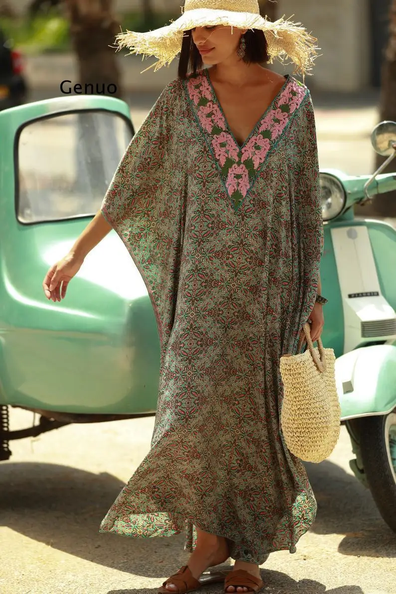 sheer bathing suit cover up Bohemian Printed Dress 2022 V-Neck Batwing Sleeve Side Split Long Summer Beach Dress Tunic Women Cover Up Beachwear Robe Clothes mesh bathing suit cover up