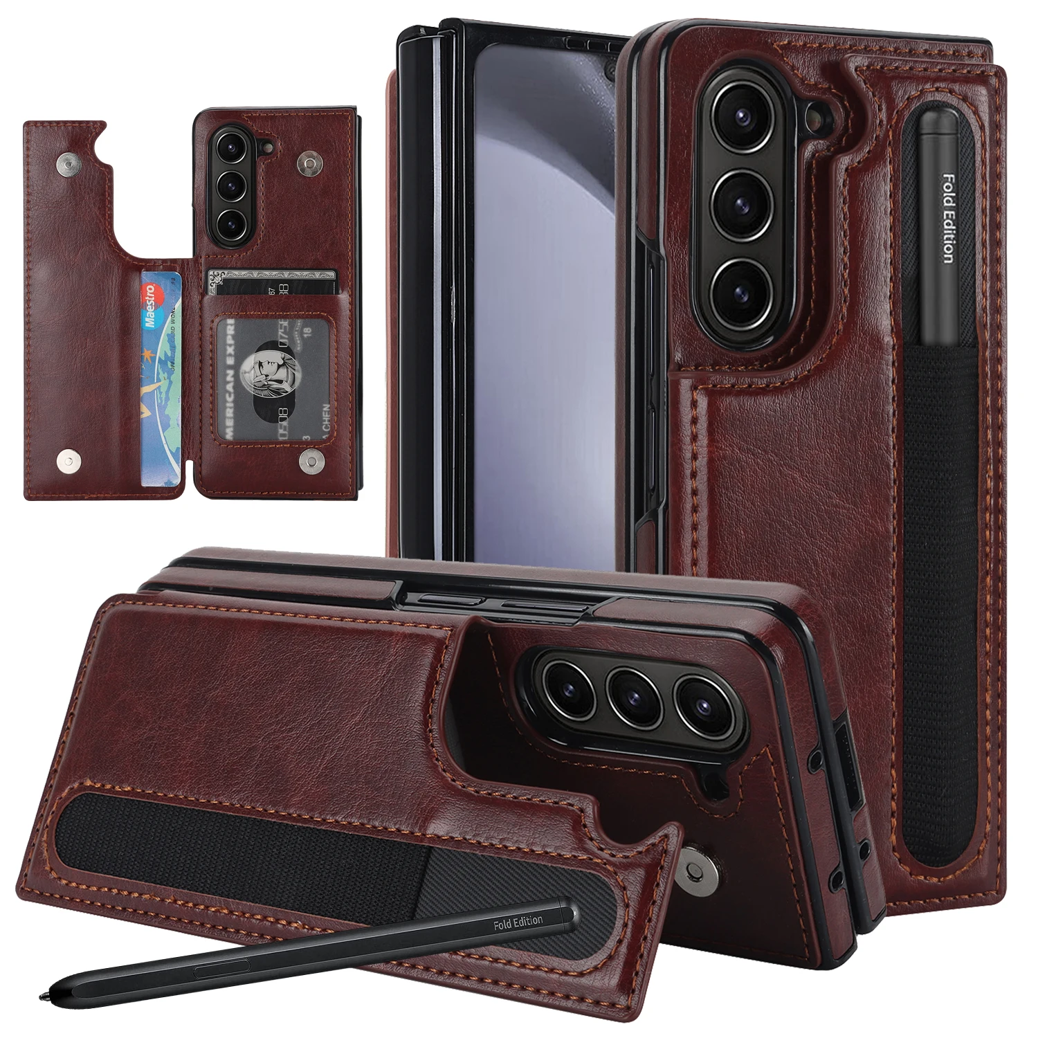 Leather Wallet Phone Case with Card Holder and Double Buckle, Pen Slot, Protective Design