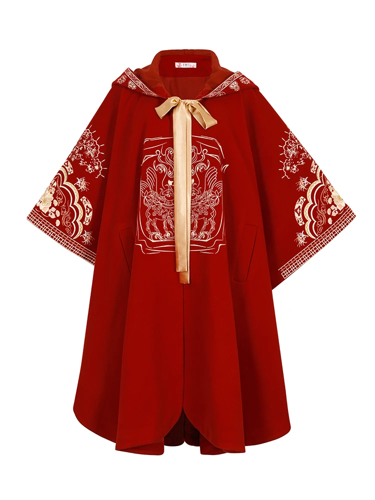 

Han Elements Hooded Cloak Two-Color in Black and Red Embroidered Cloak Autumn and Winter Hanfu Outerwear