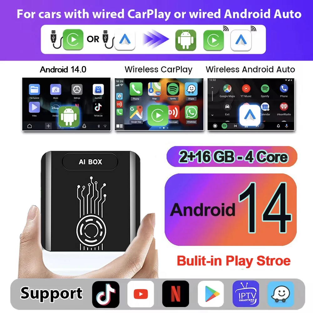 2025 CarPlay AI Box Android 14 Wireless Carplay An...