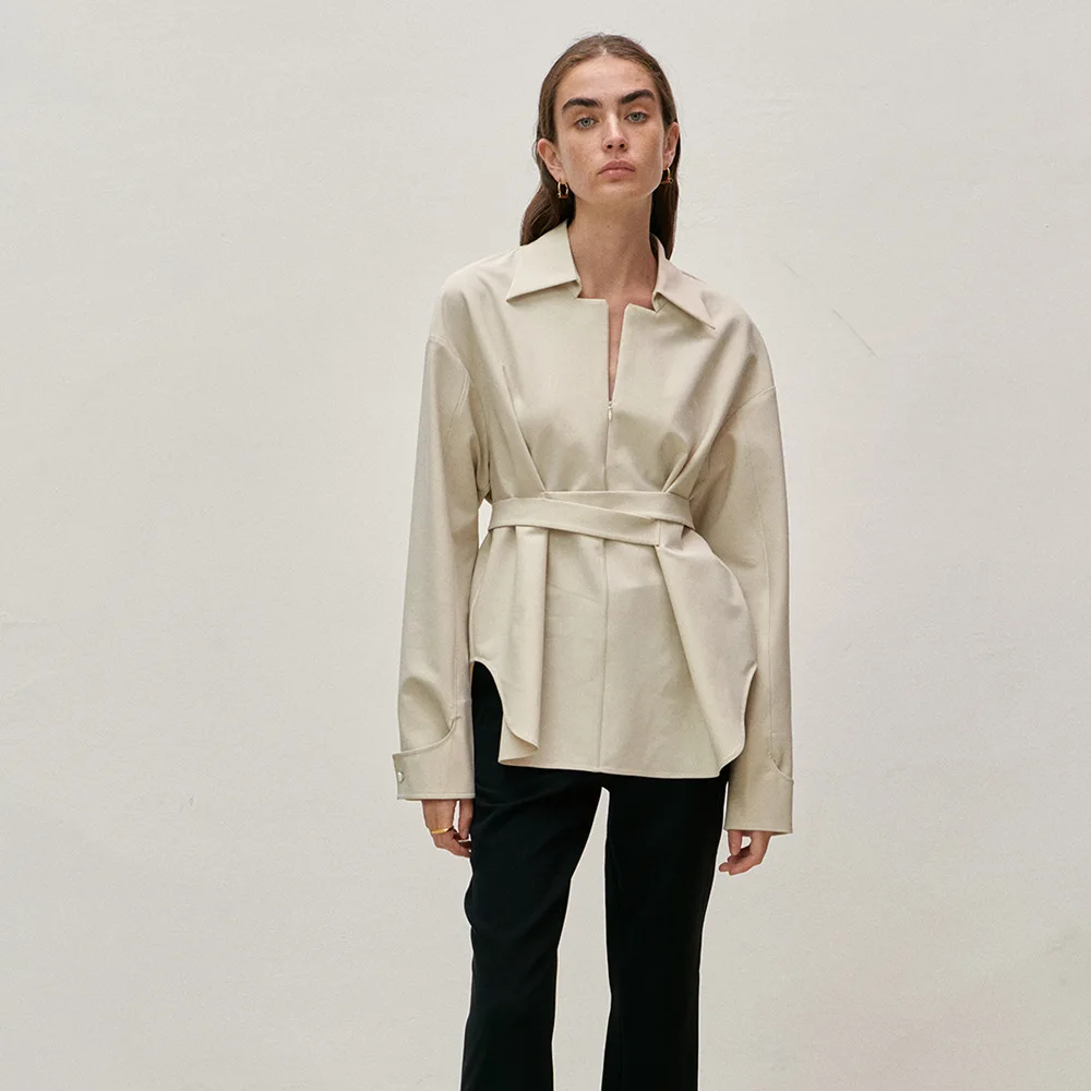 

VC@2024 Spring/Summer New Half Zipper Lapel Tied Waist Sleeve Shirt